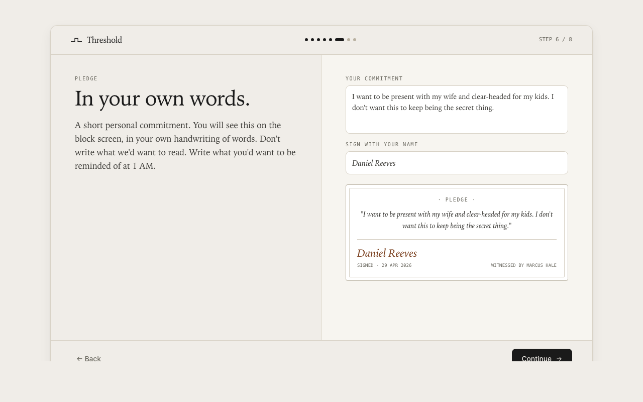 Onboarding step 6: the user writes a personal commitment and signs it with their name.