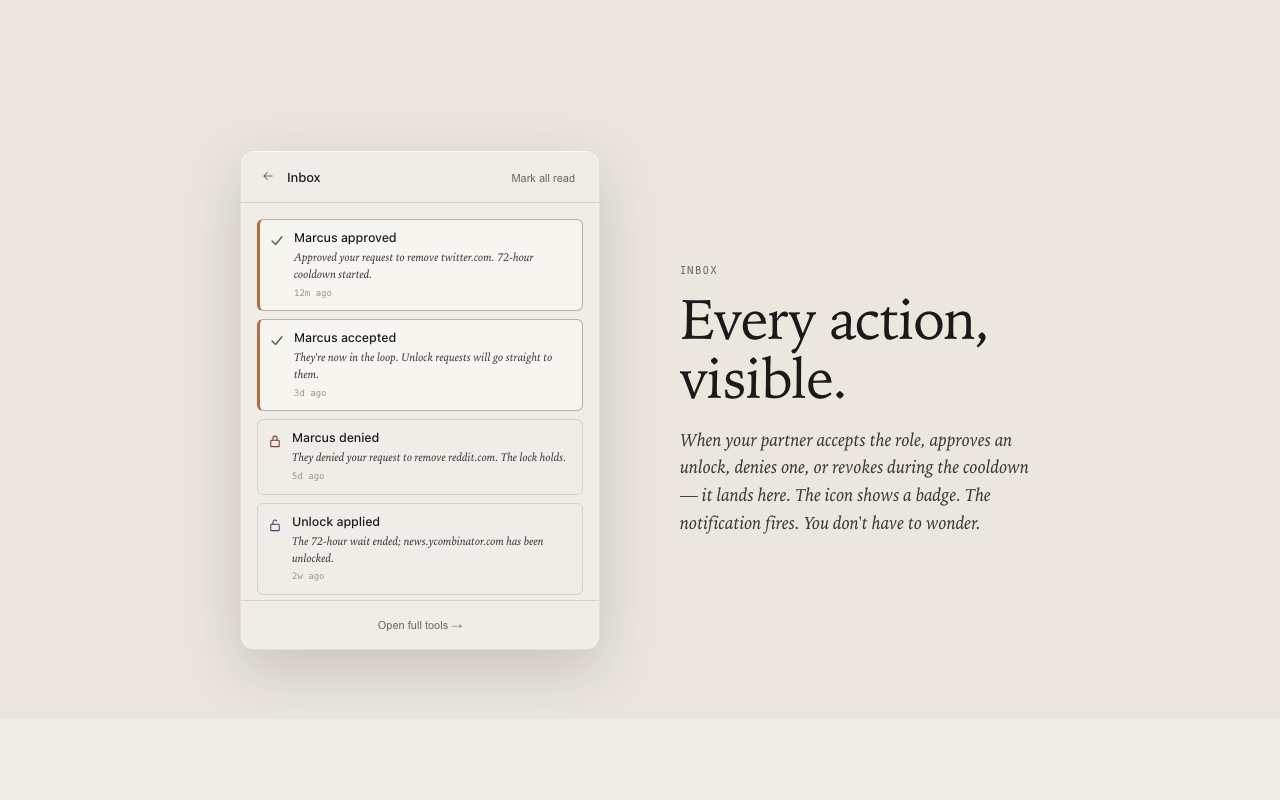 The Threshold inbox listing partner actions: accepted, approved, denied, and an unlock applied.